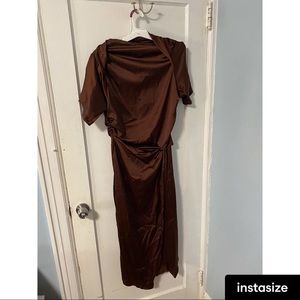 Chocolate Satin Short Sleeve Ruched Midaxi Dress
